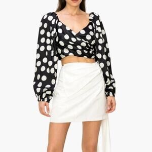 Black and White Polka Dot Puff Sleeve Crop Top Long Sleeve New